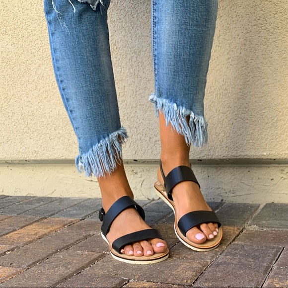 Black Leather Double Band Slingback Sandals - Picture 4 of 6